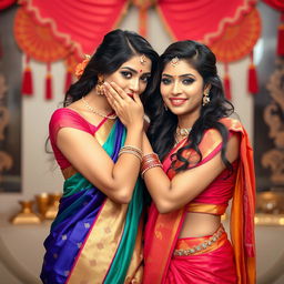 A beautifully captured scene featuring two stunning Indian women dressed in elegant, vibrant sarees