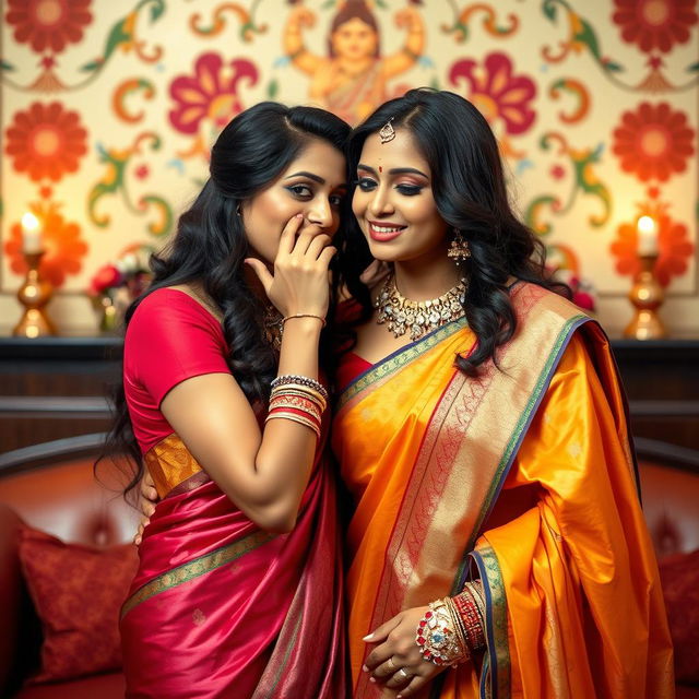 A beautifully captured scene featuring two stunning Indian women dressed in elegant, vibrant sarees