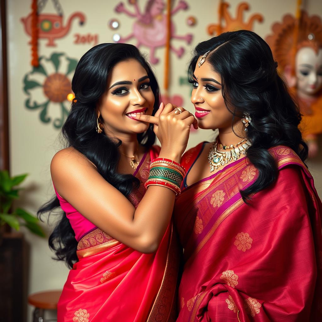 A beautifully captured scene featuring two stunning Indian women dressed in elegant, vibrant sarees