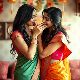 A beautifully captured scene featuring two stunning Indian women dressed in elegant, vibrant sarees