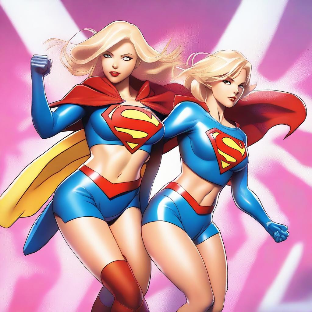 A high-quality digital art piece showcasing Supergirl and Powergirl in a dynamic combat pose