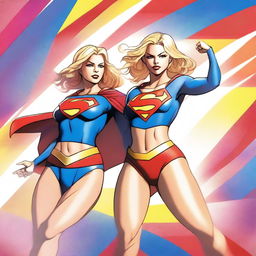 A high-quality digital art piece showcasing Supergirl and Powergirl in a dynamic combat pose