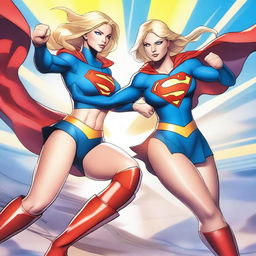 A high-quality digital art piece showcasing Supergirl and Powergirl in a dynamic combat pose