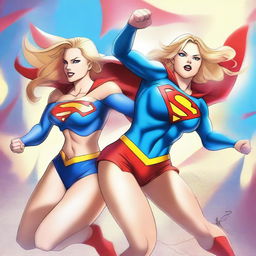 A high-quality digital art piece showcasing Supergirl and Powergirl in a dynamic combat pose