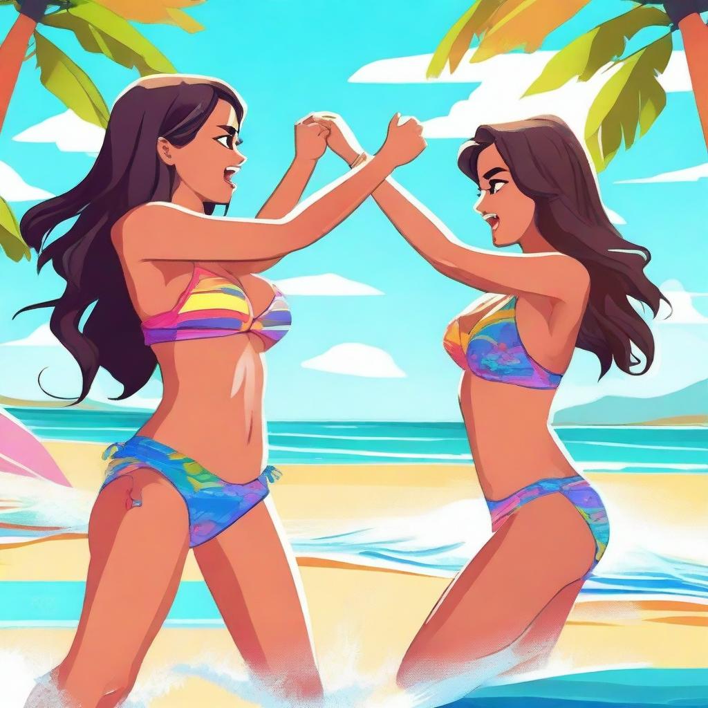 A high-quality digital art image depicting two girls engaged in a friendly fight while wearing bikinis