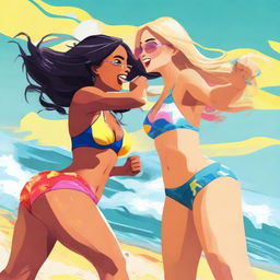 A high-quality digital art image depicting two girls engaged in a friendly fight while wearing bikinis