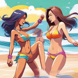 A high-quality digital art image depicting two girls engaged in a friendly fight while wearing bikinis