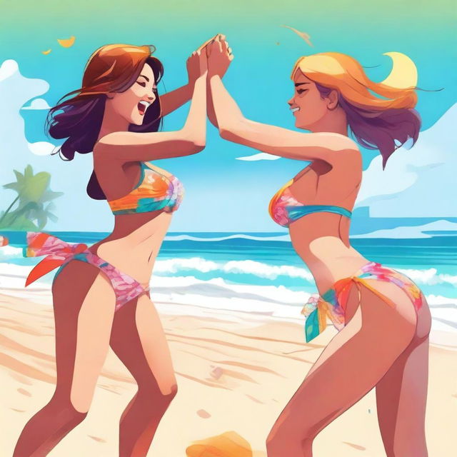 A high-quality digital art image depicting two girls engaged in a friendly fight while wearing bikinis