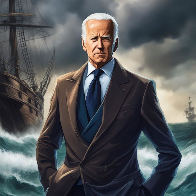 This is a high-quality digital art image that portrays Joe Biden in the style of a One Piece character, looking frail but menacing against a backdrop of a stormy sea and a pirate ship