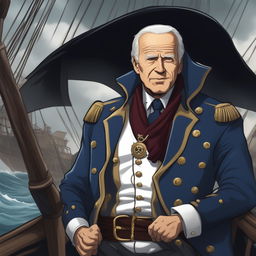 This is a high-quality digital art image that portrays Joe Biden in the style of a One Piece character, looking frail but menacing against a backdrop of a stormy sea and a pirate ship