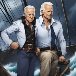 This is a high-quality digital art image that portrays Joe Biden in the style of a One Piece character, looking frail but menacing against a backdrop of a stormy sea and a pirate ship