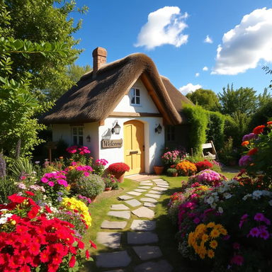 A cozy, inviting cottage surrounded by a vibrant garden filled with colorful flowers