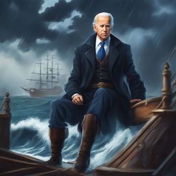 This is a high-quality digital art image that portrays Joe Biden in the style of a One Piece character, looking frail but menacing against a backdrop of a stormy sea and a pirate ship