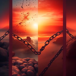 An eBook cover illustrating the theme of harmful habits and overcoming them, featuring prominent imagery of contrasts - serene sunrise symbolizing new beginnings, and chains breaking symbolizing liberation from bad habits.