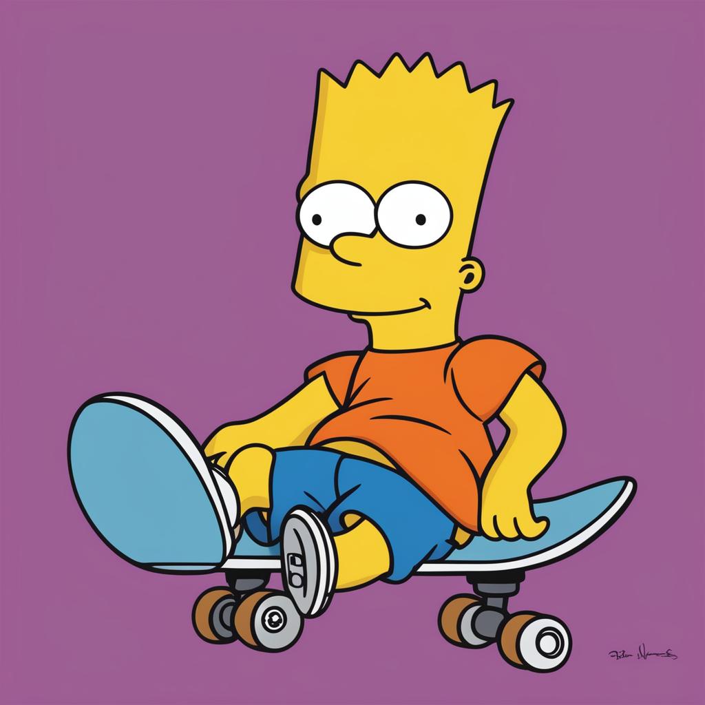 A revised digital art image of Bart Simpson from 'The Simpsons', now with pupils in his eyes, riding a skateboard and wearing an orange shirt