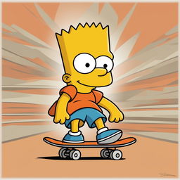 A revised digital art image of Bart Simpson from 'The Simpsons', now with pupils in his eyes, riding a skateboard and wearing an orange shirt