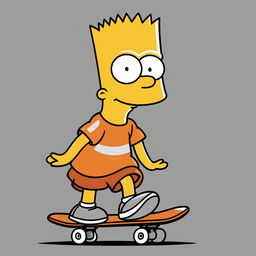 A revised digital art image of Bart Simpson from 'The Simpsons', now with pupils in his eyes, riding a skateboard and wearing an orange shirt