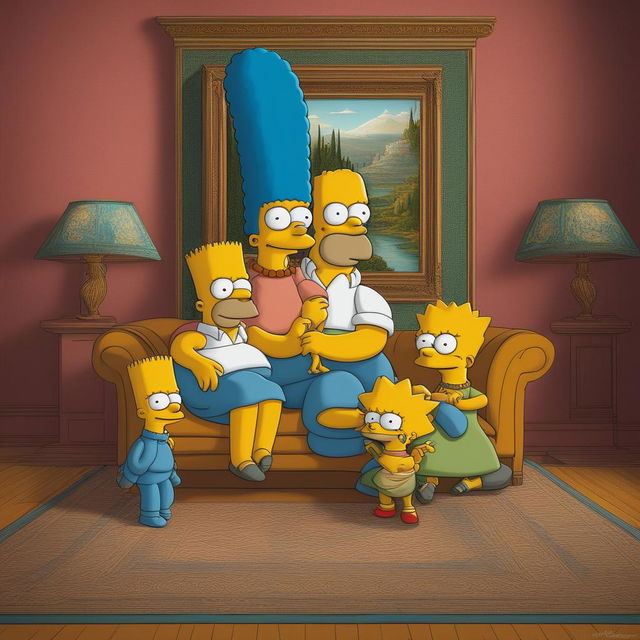 This digital art piece beautifully combines 'The Simpsons' with Leonardo Da Vinci's style, featuring Bart Simpson in a pose similar to the 'Mona Lisa'