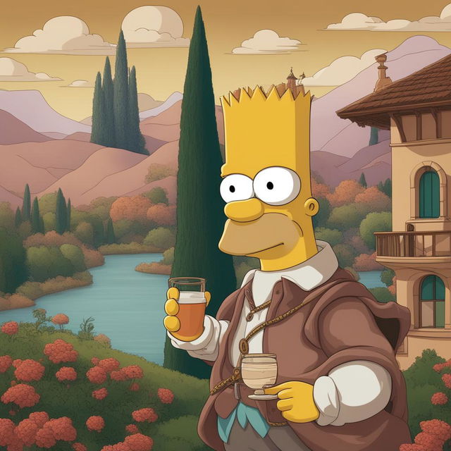 This digital art piece presents Bart from 'The Simpsons' in the style of Leonardo Da Vinci's 'La Bella Principessa'