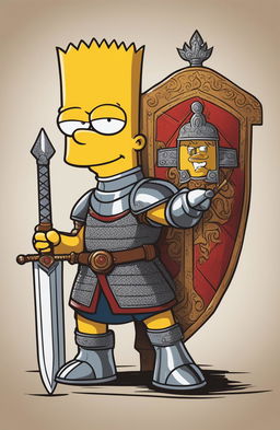 This digital art piece features Bart Simpson from The Simpsons, reimagined as a medieval knight