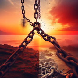 An eBook cover illustrating the theme of harmful habits and overcoming them, featuring prominent imagery of contrasts - serene sunrise symbolizing new beginnings, and chains breaking symbolizing liberation from bad habits.