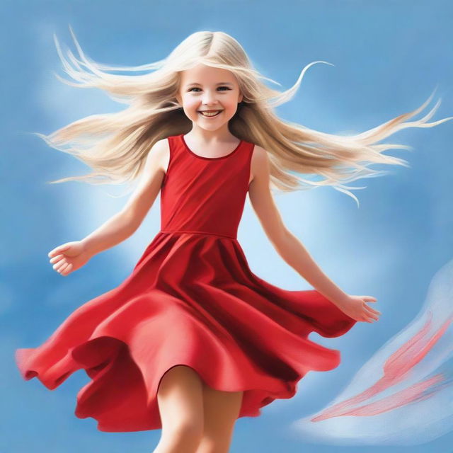 A high-quality, realistic digital art image portrays an 8-year-old blonde girl spinning joyfully in a bright red dress