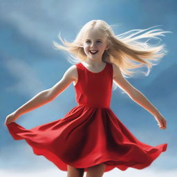 A high-quality, realistic digital art image portrays an 8-year-old blonde girl spinning joyfully in a bright red dress