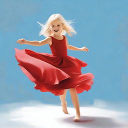 A high-quality, realistic digital art image portrays an 8-year-old blonde girl spinning joyfully in a bright red dress