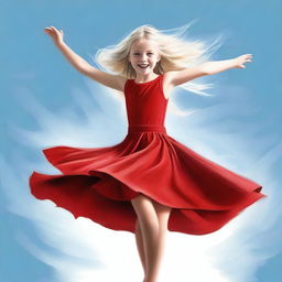 A high-quality, realistic digital art image portrays an 8-year-old blonde girl spinning joyfully in a bright red dress