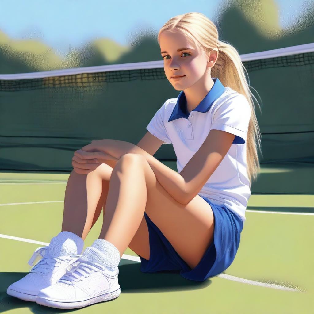 This high-quality digital art portrays a 13-year-old blonde girl sitting casually, dressed in tennis attire