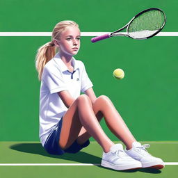 This high-quality digital art portrays a 13-year-old blonde girl sitting casually, dressed in tennis attire