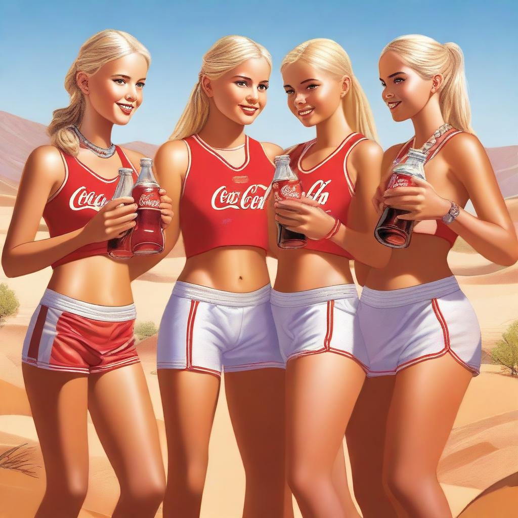 This high-quality digital art features a group of 12-year-old blonde girls in the desert