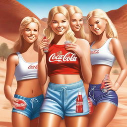 This high-quality digital art features a group of 12-year-old blonde girls in the desert