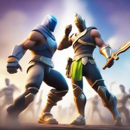 This is a high-quality digital art featuring two Fortnite characters in a gladiator theme