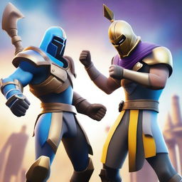 This is a high-quality digital art featuring two Fortnite characters in a gladiator theme