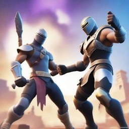 This is a high-quality digital art featuring two Fortnite characters in a gladiator theme