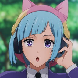 A digitally rendered close-up image of a surprised Kasumi Miwa holding a smartphone to her ear, featuring her light blue hair, purple eyes, and a blurred green background