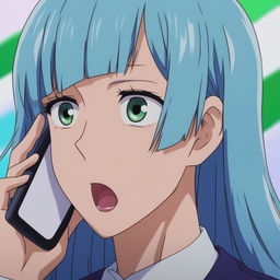 A digitally rendered close-up image of a surprised Kasumi Miwa holding a smartphone to her ear, featuring her light blue hair, purple eyes, and a blurred green background