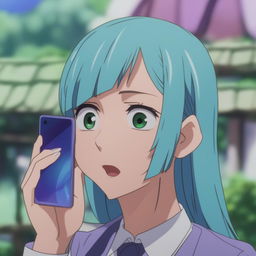 A digitally rendered close-up image of a surprised Kasumi Miwa holding a smartphone to her ear, featuring her light blue hair, purple eyes, and a blurred green background