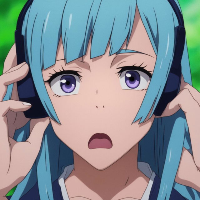 A digitally rendered close-up image of a surprised Kasumi Miwa holding a smartphone to her ear, featuring her light blue hair, purple eyes, and a blurred green background