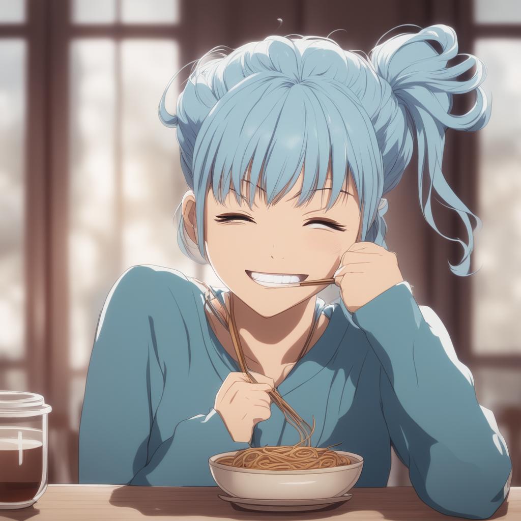 A high-quality anime art image of Kasumi Miwa from Jujutsu Kaisen, smiling with closed eyes, eating noodles from a cup with chopsticks