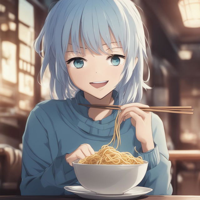 A high-quality anime art image of Kasumi Miwa from Jujutsu Kaisen, smiling with closed eyes, eating noodles from a cup with chopsticks