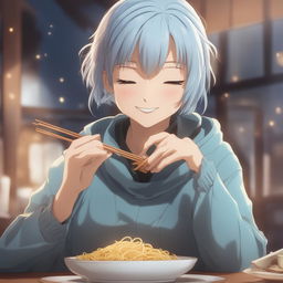 A high-quality anime art image of Kasumi Miwa from Jujutsu Kaisen, smiling with closed eyes, eating noodles from a cup with chopsticks