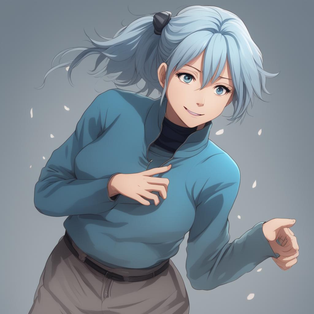 A high-definition digital art image of a character designed to resemble Kasumi Miwa from Jujutsu Kaisen, featuring her light blue hair and pale blue sweater, expressing joy and contentment