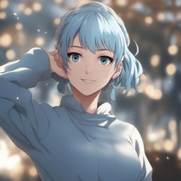 A high-definition digital art image of a character designed to resemble Kasumi Miwa from Jujutsu Kaisen, featuring her light blue hair and pale blue sweater, expressing joy and contentment