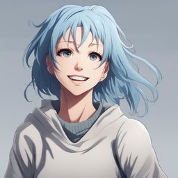 A high-definition digital art image of a character designed to resemble Kasumi Miwa from Jujutsu Kaisen, featuring her light blue hair and pale blue sweater, expressing joy and contentment