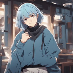 A high-definition digital art image of a character designed to resemble Kasumi Miwa from Jujutsu Kaisen, featuring her light blue hair and pale blue sweater, expressing joy and contentment