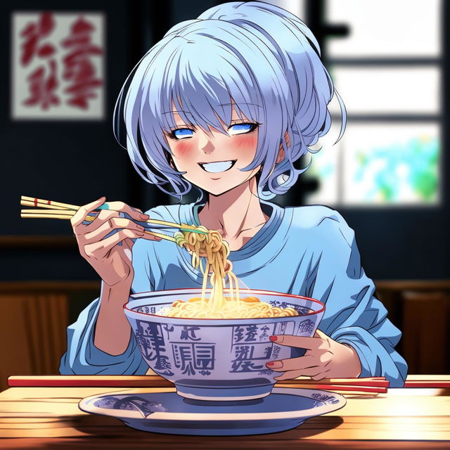 A high-quality digital art image of a character resembling Kasumi Miwa, enjoying a cup of ramen with a smile