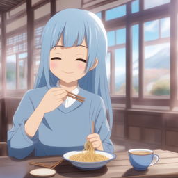 A high-quality digital art image of Kasumi Miwa smiling with closed eyes, eating noodles from a cup with chopsticks