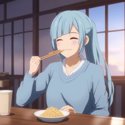 A high-quality digital art image of Kasumi Miwa smiling with closed eyes, eating noodles from a cup with chopsticks